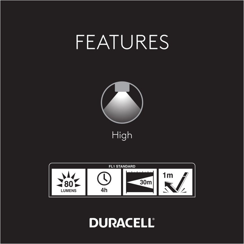 DURACELL LINTERNA LED 80 LUMENES GOMA 4HRS. 30M 2xAAA