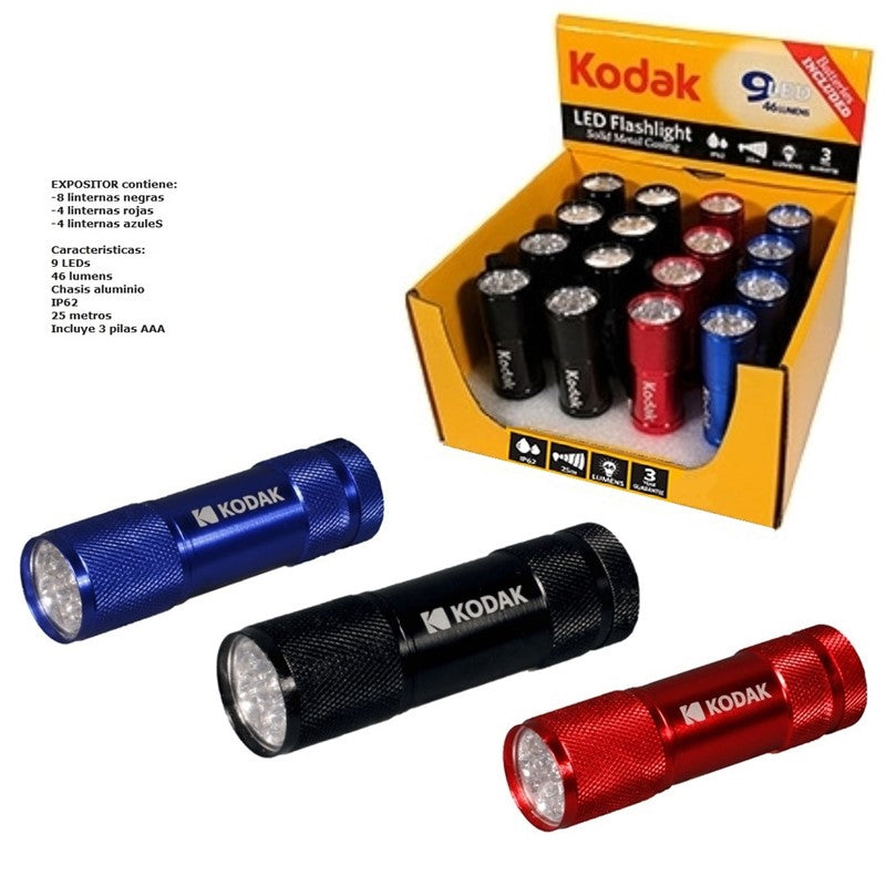 KODAK DISPLAY DISPLAY 16 UNITS. 9-LED FLASHLIGHT 8xBLACK 4xBLUE 4xRED BATTERY INCLUDED