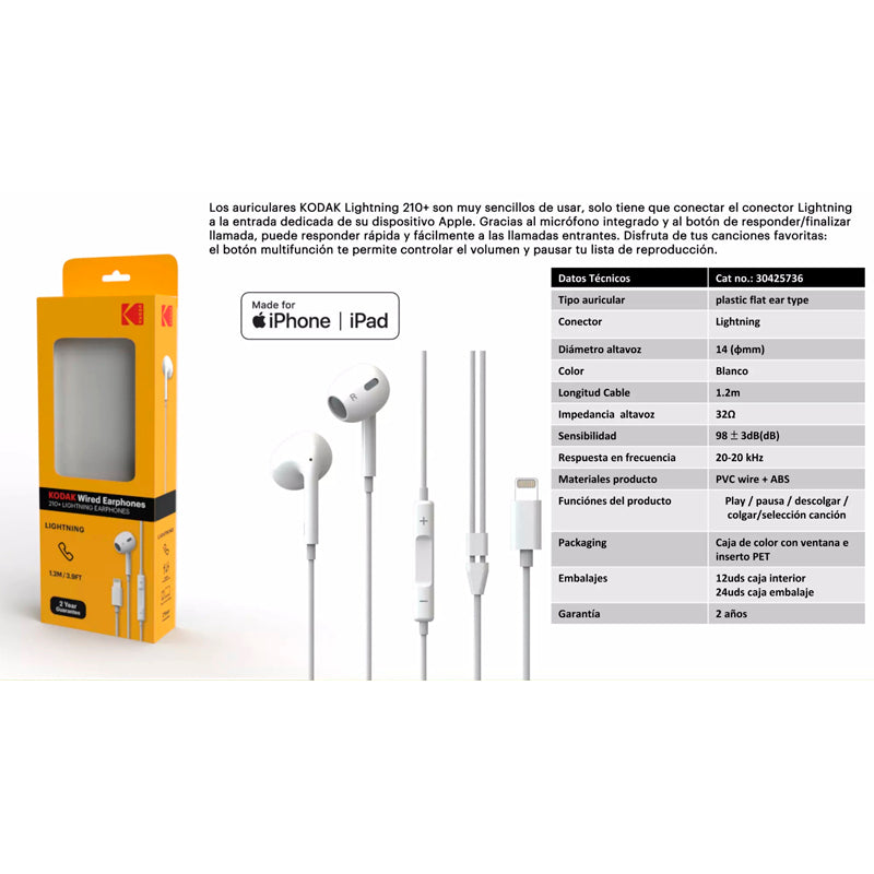 KODAK AURICULARES BOTON + MIC 210+ LIGHTNING