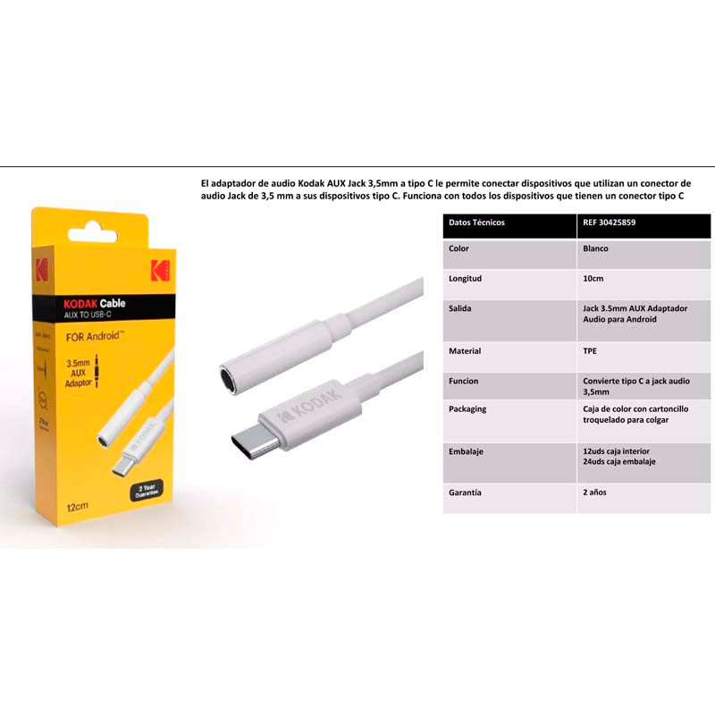 KODAK CABLE AUX A TIPO-C 11CM CAJA BLANCO