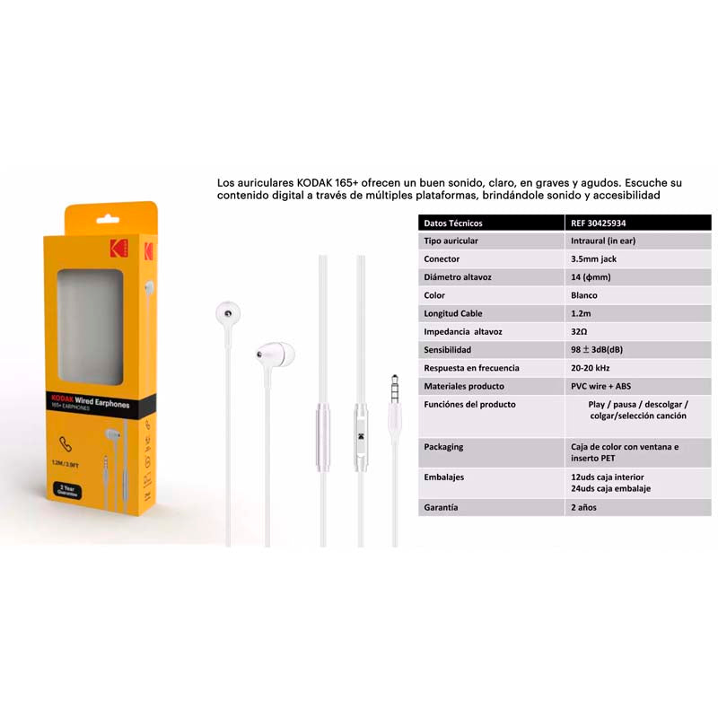KODAK AURICULARES BOTON + MIC 165+ 3.5MM JACK