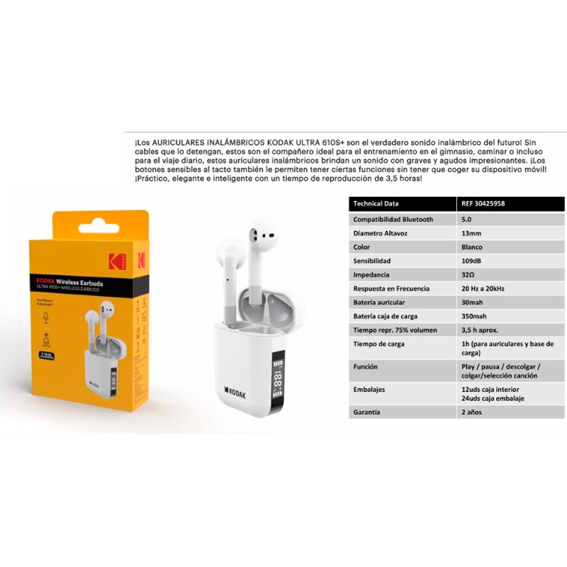 KODAK AURICULARES BOTON BLUETOOTH ESTUCHE CARGA ULTRA 610S+