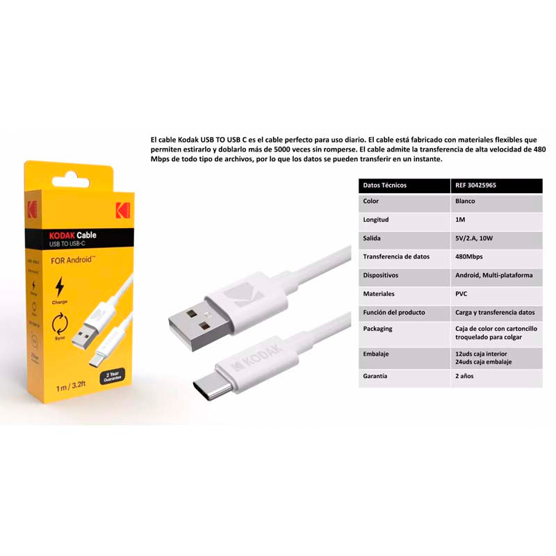 KODAK CABLE USB A TIPO-C 1M CAJA BLANCO