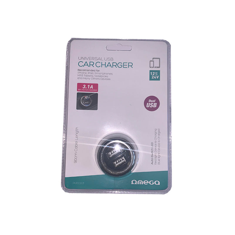 OMEGA CARGADOR COCHE CABLE 1M 2xUSB 3.1A