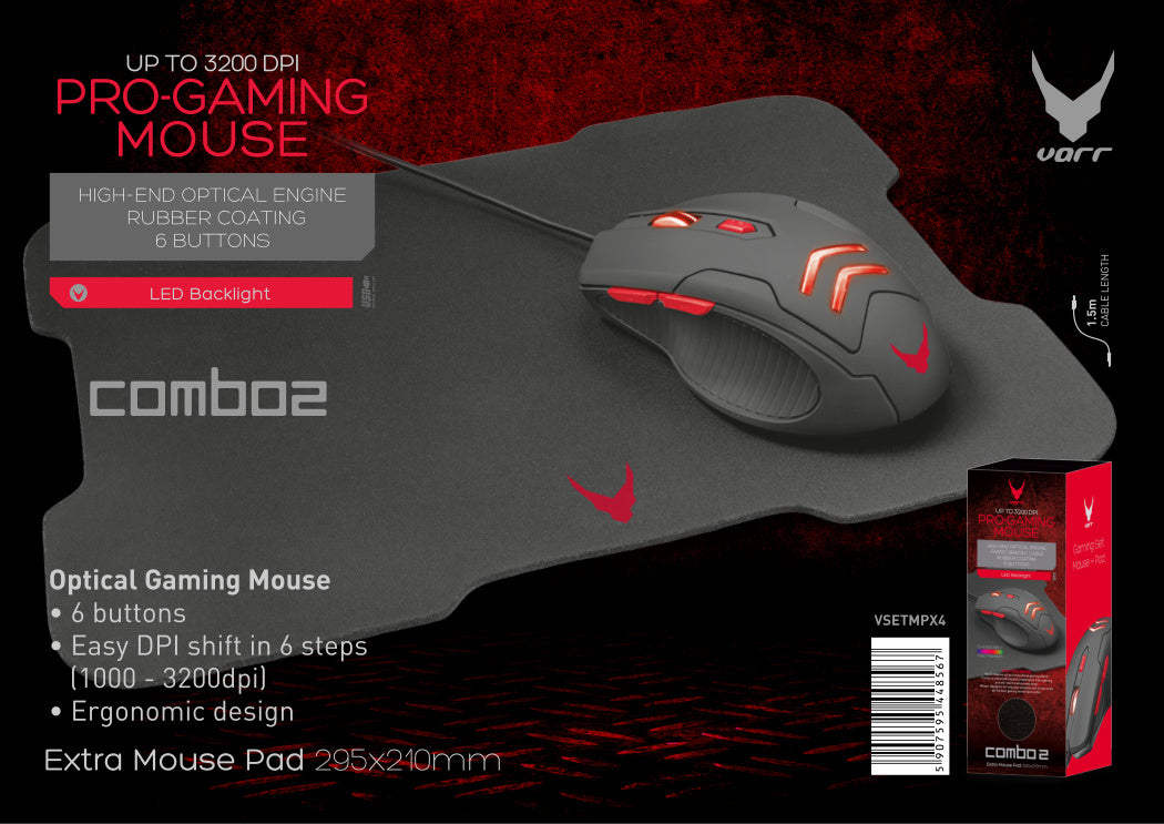 OMEGA VARR KIT GAMING RATON 1000 - 3200DPI + ALFOMBRILLA XL NEGRO/ROJO VSETMPX4