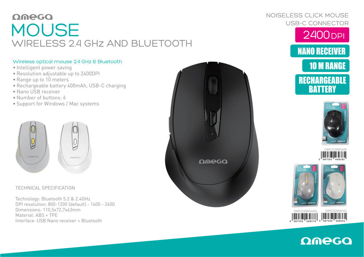 OMEGA RATON DUAL INALAMBRICO BLUETOOTH RECARGABLE USB-C OMC529RWB NEGRO