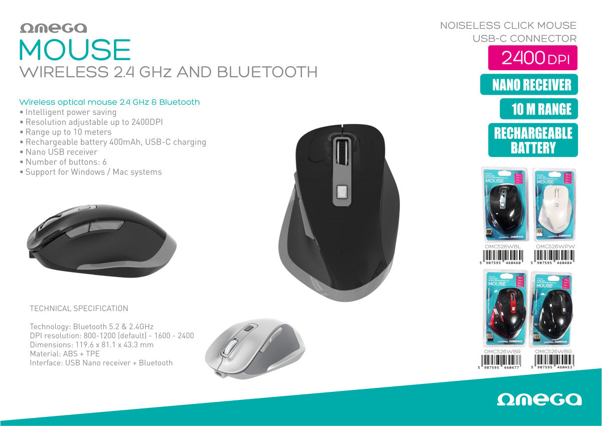 OMEGA RATON DUAL INALAMBRICO BLUETOOTH RECARGABLE USB-C OMC526RWBR NEGRO ROJO