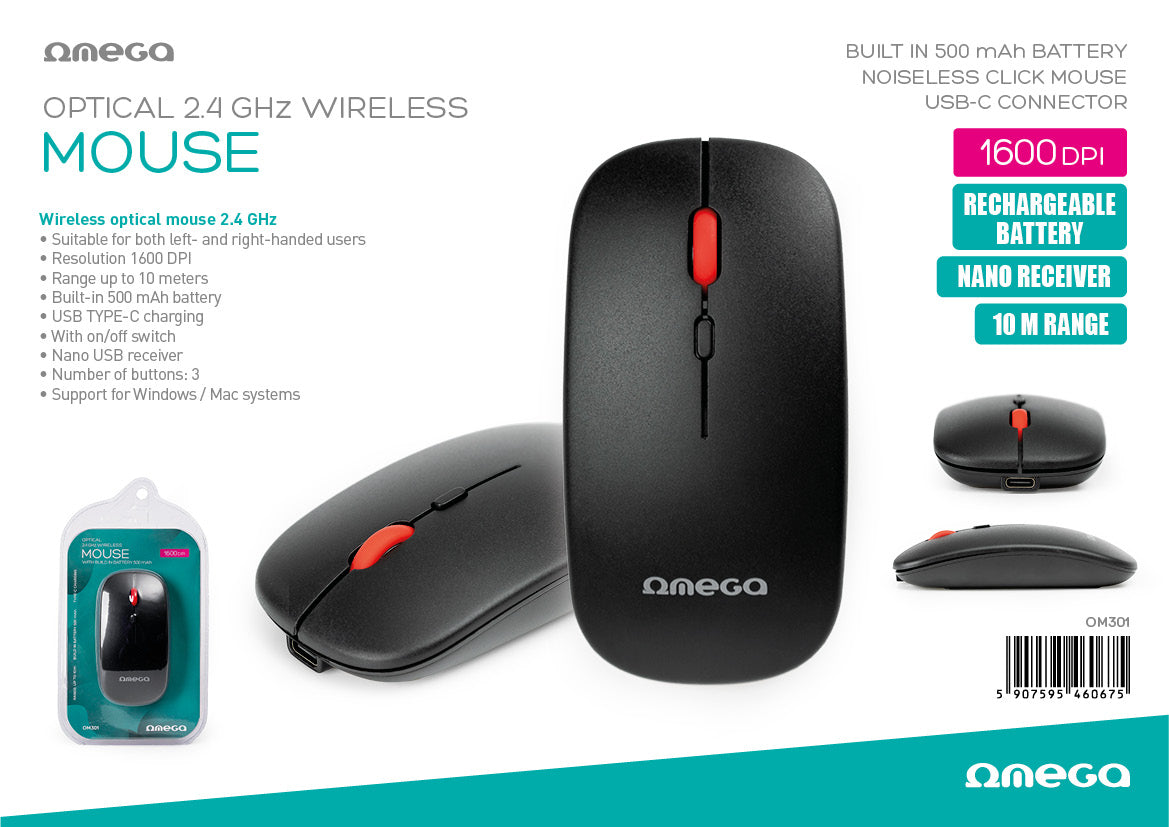 OMEGA RATON INALAMBRICO 2.4Gz RECARGABLE USB-C 1600DPI OM301 NEGRO