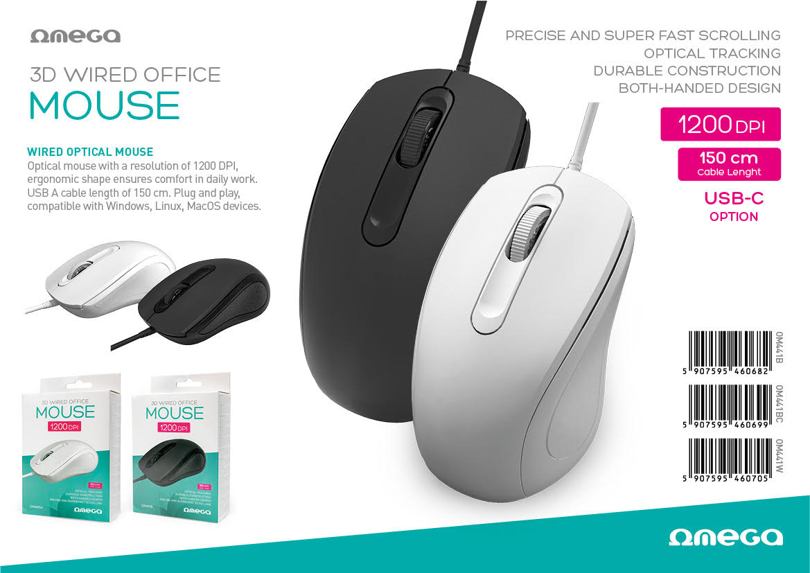 OMEGA RATON OPTICO 3D USB-C 1200DPI OM441 NEGRO