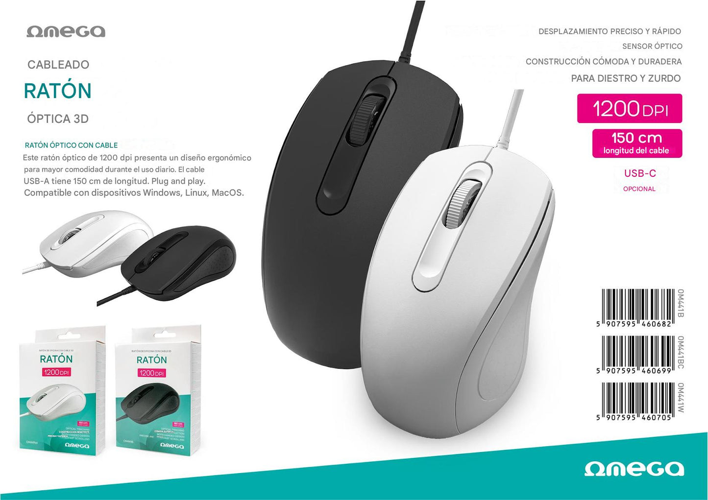 OMEGA RATON OPTICO 3D USB 1200DPI OM441 BLANCO