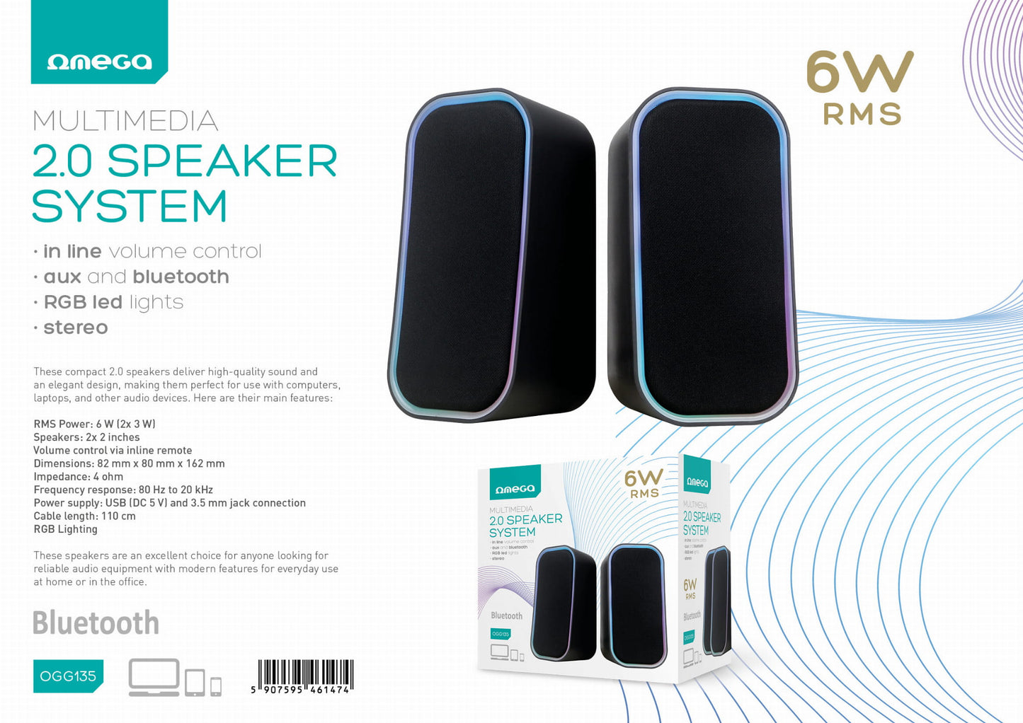 OMEGA SPEAKERS PC 2.0 6W RMS RGB LED USB + BLUETOOTH OGG135