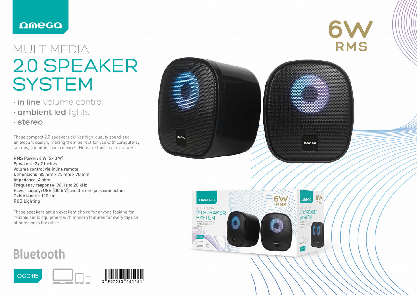OMEGA SPEAKERS PC 2.0 6W RMS LED USB OGG115