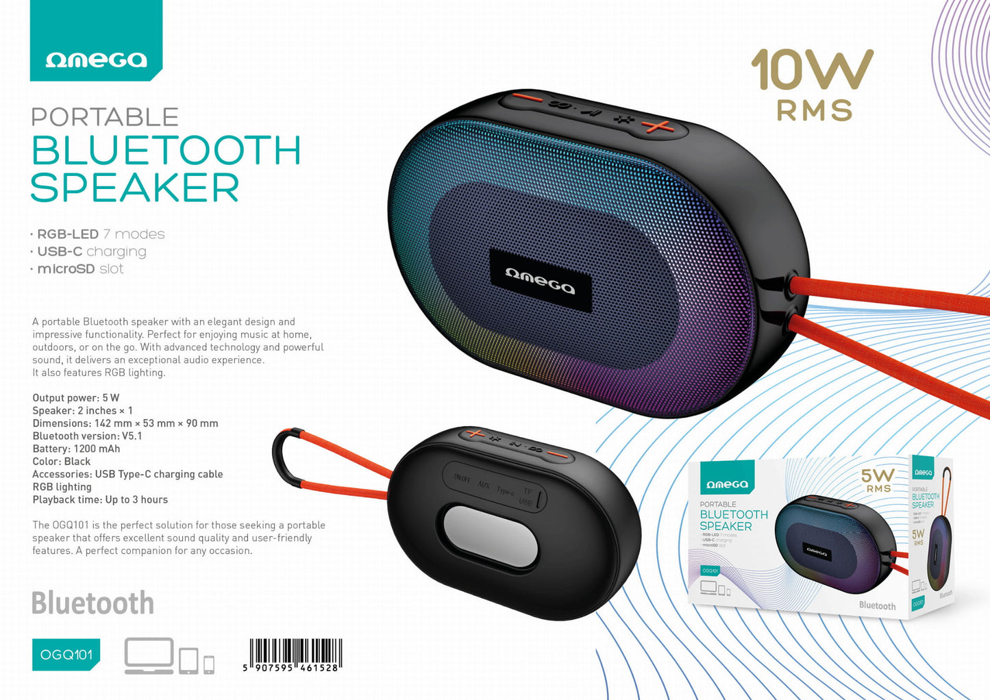 OMEGA BLUETOOTH SPEAKER V5.1 5W RGB LED OGQ101