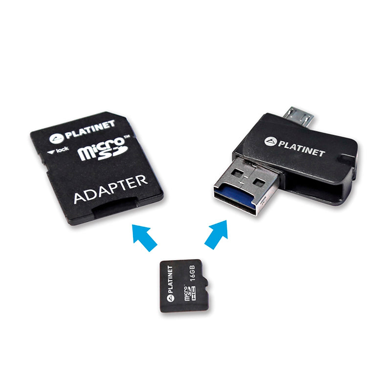 PLATINET 4-en-1 microSD 16GB + LECTOR microUSB OTG + ADAPTADOR PMMSD16CR4