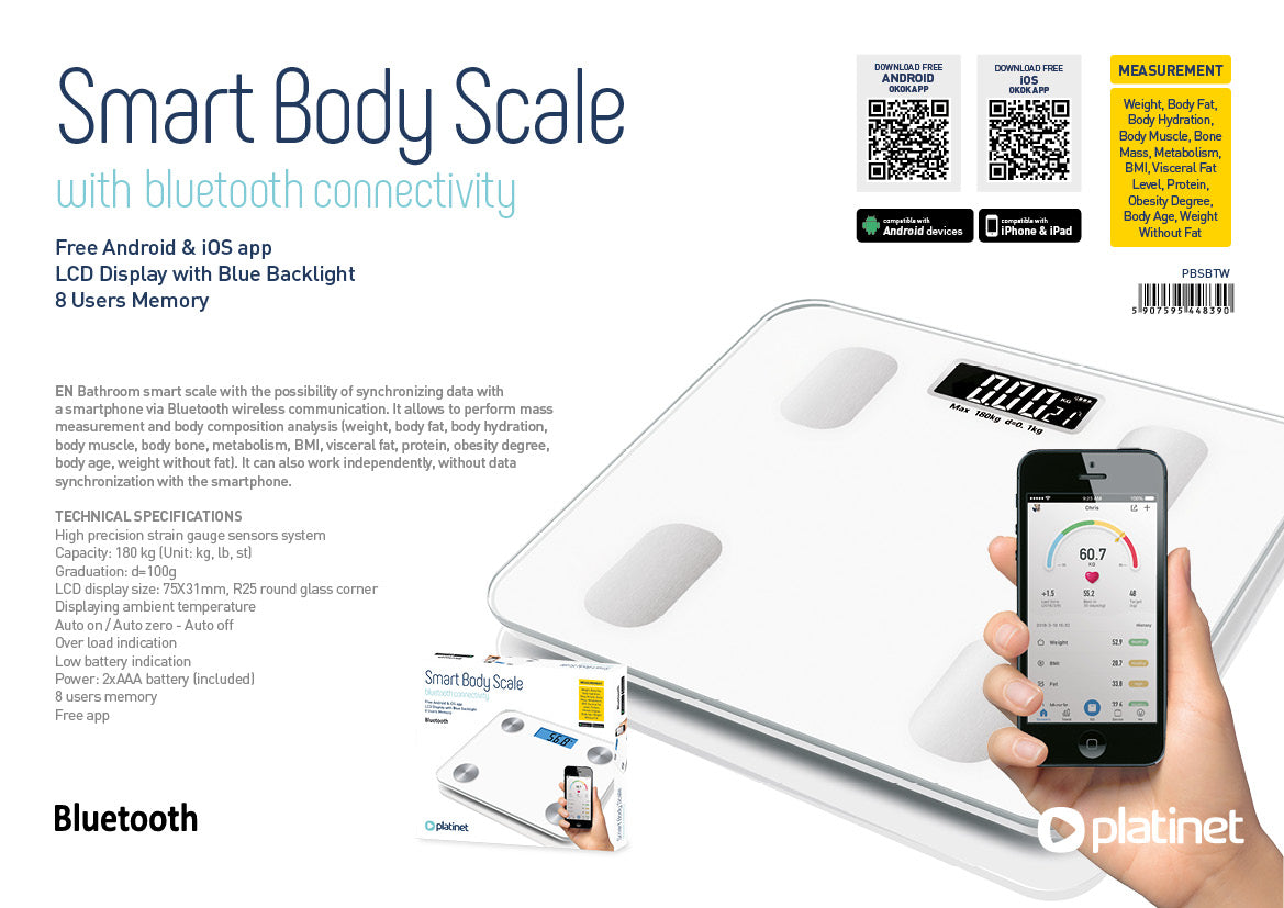 PLATINET BASCULA DE BAÑO DIGITAL CON BLUETOOH BLANCA