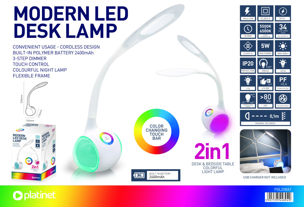 PLATINET LAMPARA DE ESCRITORIO 5W + BATERIA DE LAMPARA NOCTURNA 2400MAH