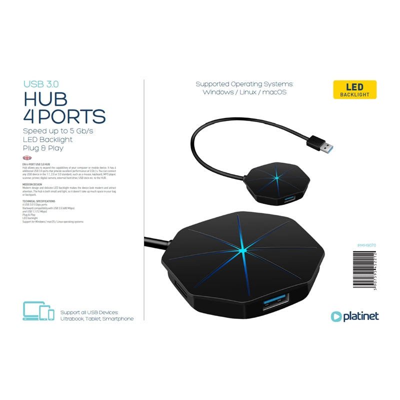 PLATINET HUB USB 3.0 4-PUERTOS LUZ LED