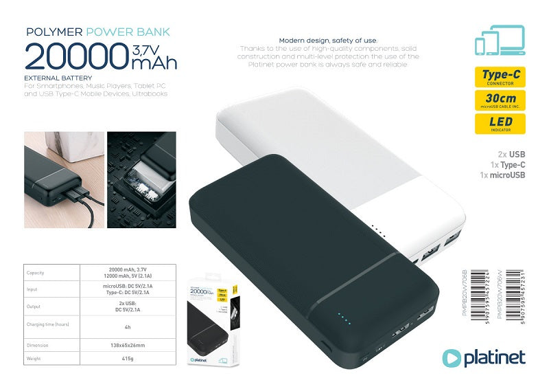 PLATINET POWER BANK 20.000mAh POLYMERO ABS BLANCO