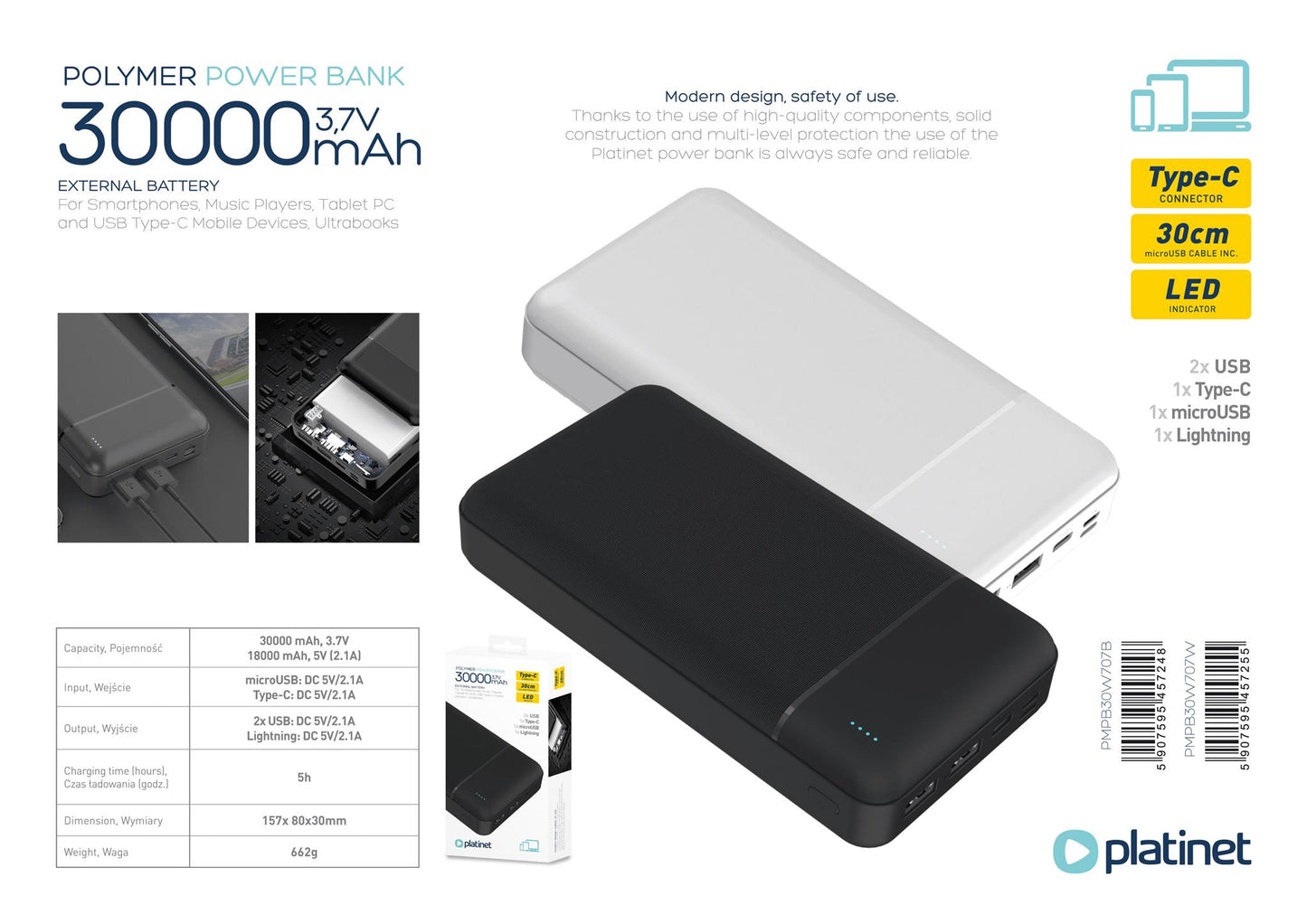 PLATINET POWER BANK 30.000mAh POLYMERO CARGA RAPIDA NEGRO PMPB30W707