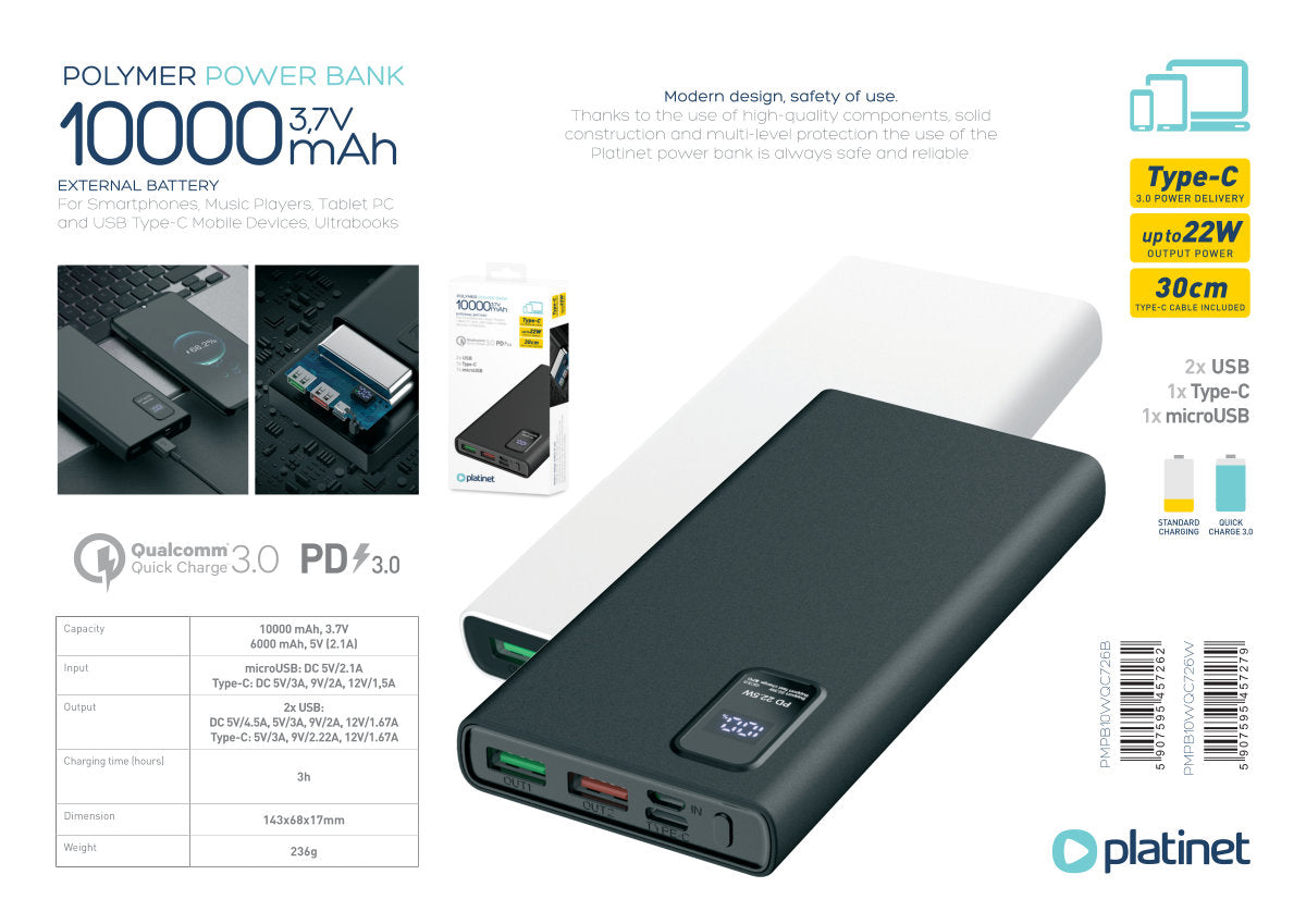 PLATINET POWER BANK 10.000mAh POLYMERO CARGA RAPIDA 3.0 NEGRO