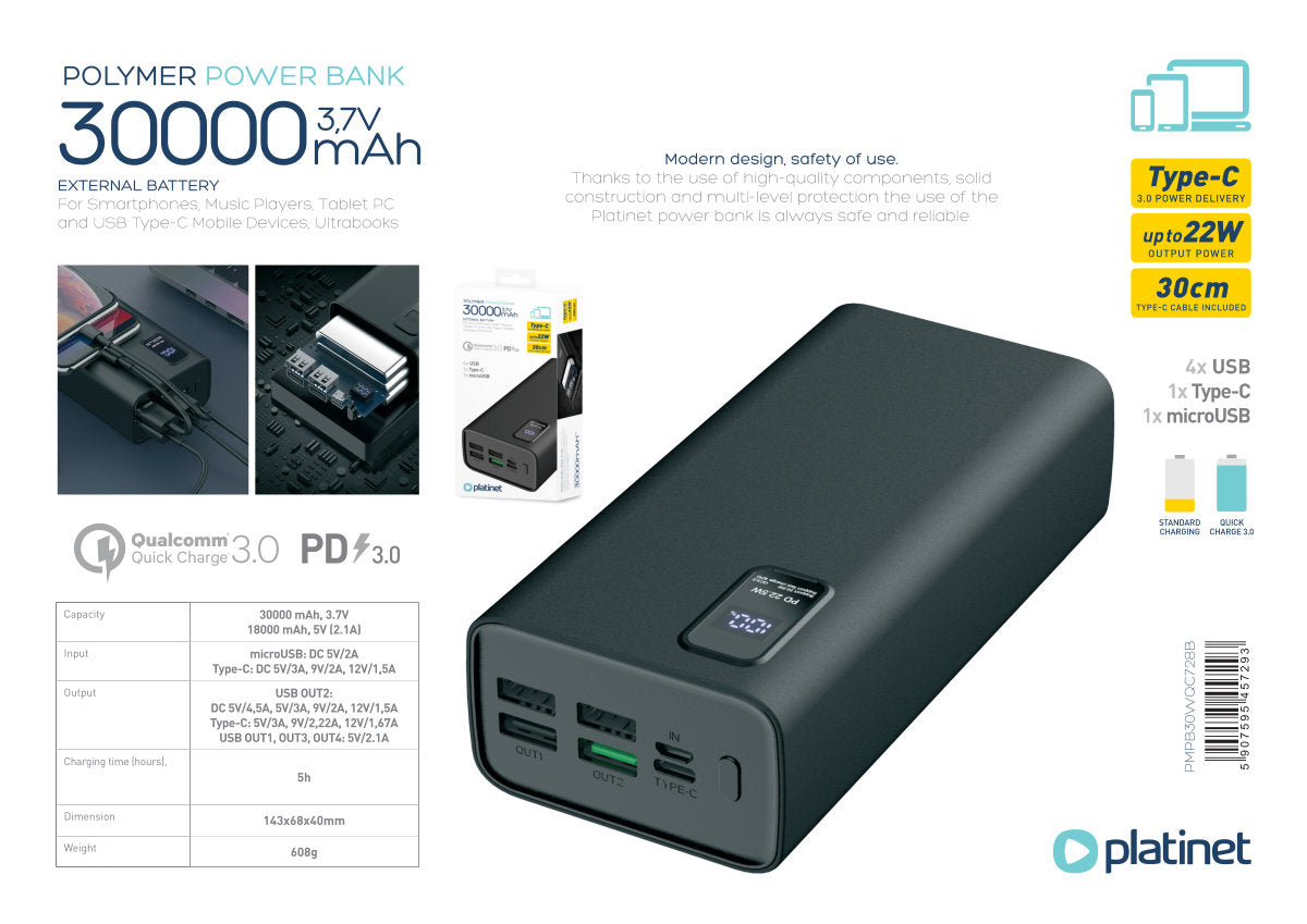 PLATINET POWER BANK 30.000mAh POLYMERO CARGA RAPIDA 3.0 NEGRO
