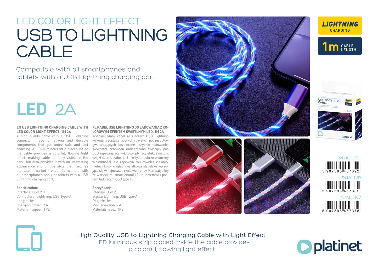 PLATINET CABLE LIGHTNING LUCES LED ROJO 1.5A 1M