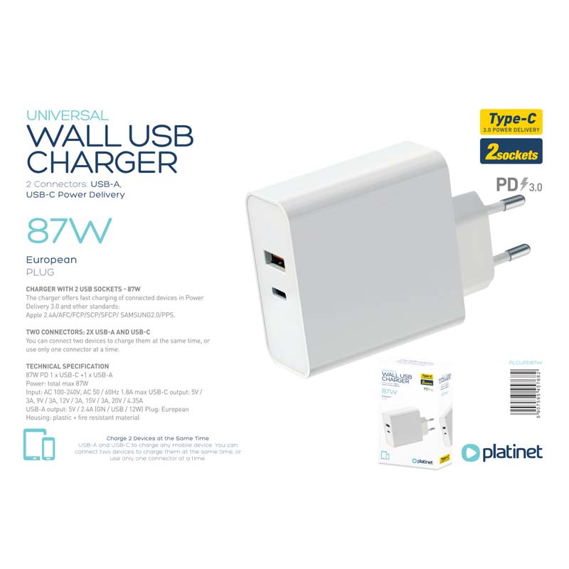 PLATINET CARGADOR PARED 1xTIPO-C+1xUSB 87W CARGA RAPIDA 3.0