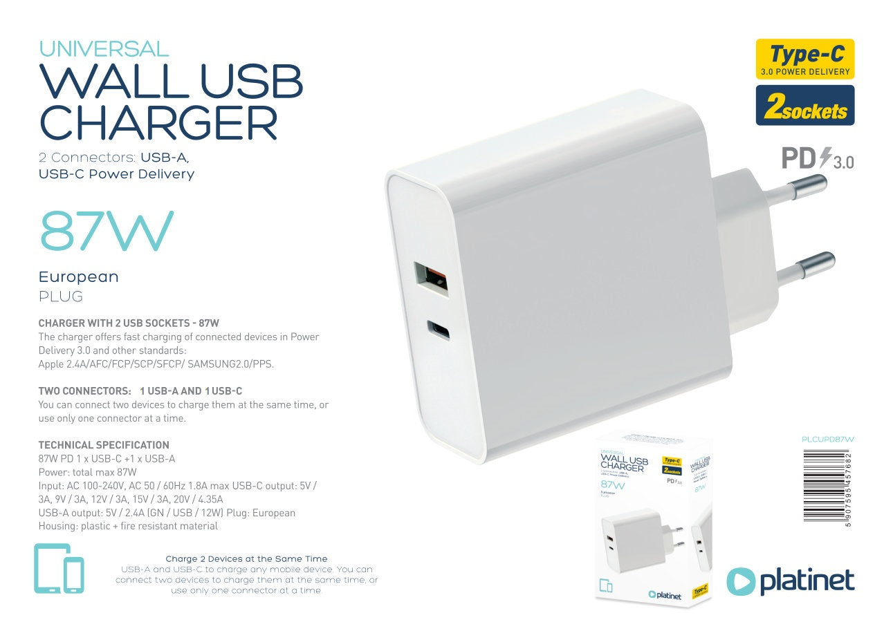 PLATINET CARGADOR PARED 1xTIPO-C+1xUSB 87W CARGA RAPIDA 3.0