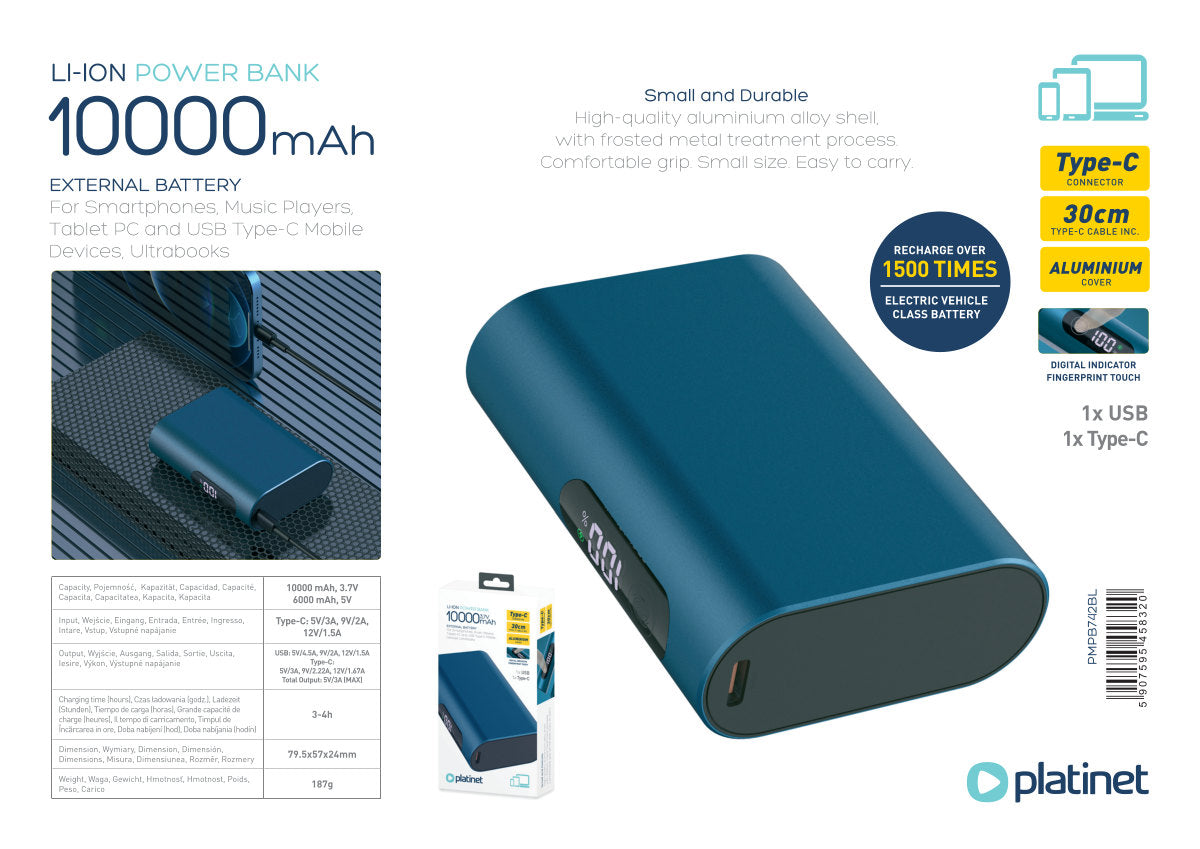PLATINET POWER BANK 10.000mAh TYPE-C LED TACTIL MINI PMPB742BL AZUL