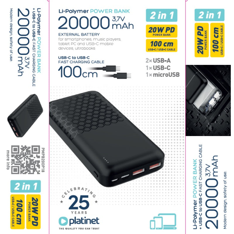 PLATINET POWER BANK 20.000mAh CARGA RAPIDA NEGRO PMPB20OP18