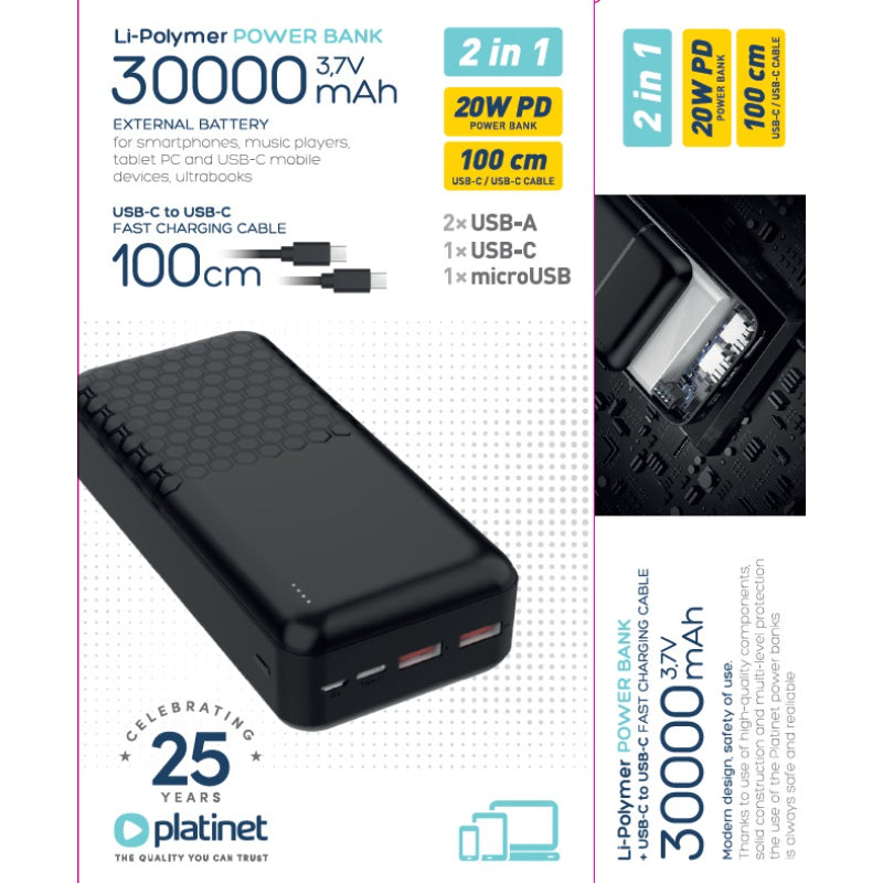 PLATINET POWER BANK 30.000mAh CARGA RAPIDA NEGRO PMPB30OP19