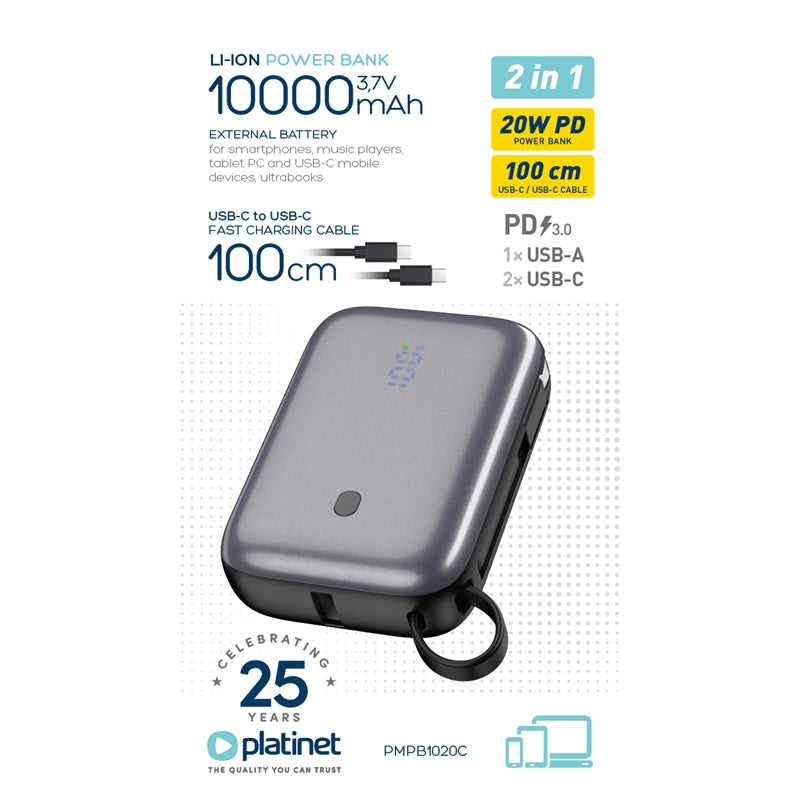 PLATINET POWERBANK 10.000mAh 20W BATERIA ION-LITIO 1400 CICLOS NEGRO