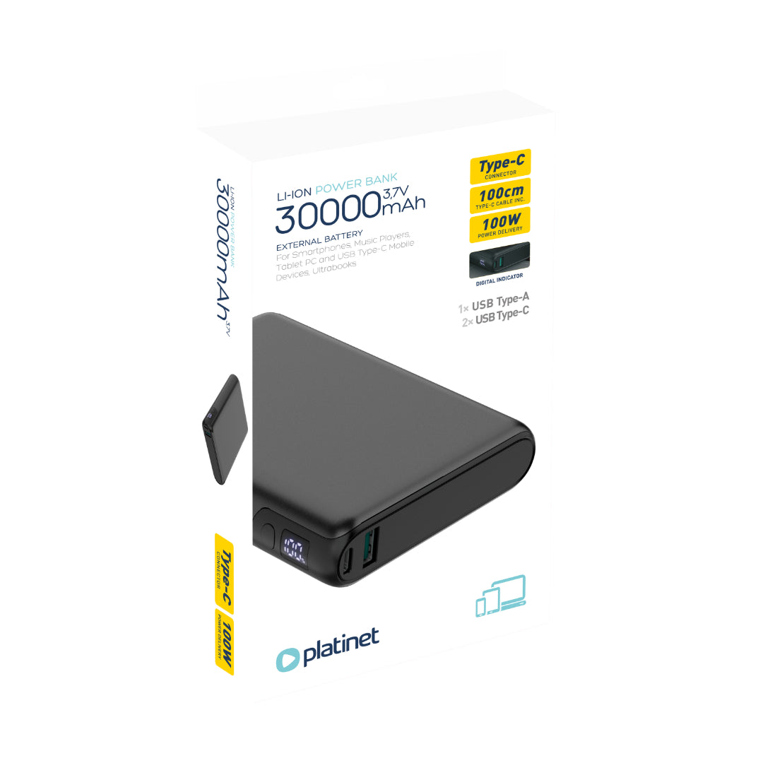 PLATINET POWER BANK 30.000mAh 100W PD/18 QC/EV-BATERIA LI-ION 1400 CICLOS NEGRO PMPB30DL301B
