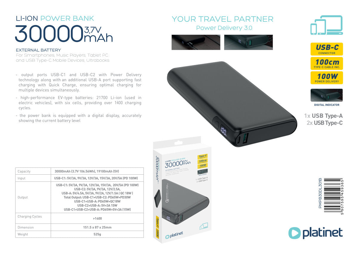 PLATINET POWER BANK 30.000mAh 100W PD/18 QC/EV-BATERIA LI-ION 1400 CICLOS NEGRO PMPB30DL301B