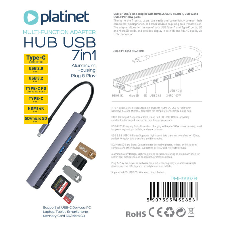 PLATINET HUB USB-C 3.2 7en1 HDMI 4K USB-A3.2/ USB-A2.0/USB-C PD 100W/ USB-C2.0/SD/MicroSD