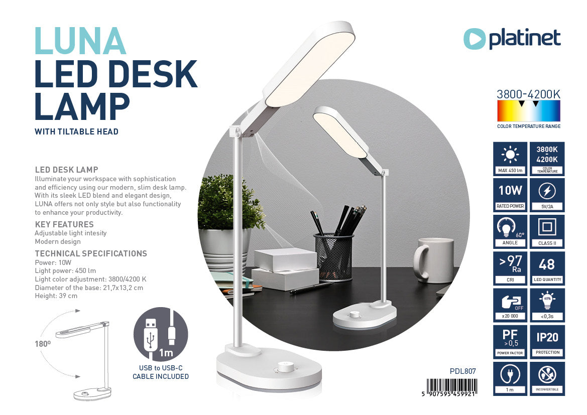 LÂMPADA DE MESA PLATINET LUNA LED 10W 4200K 450LM USB-C