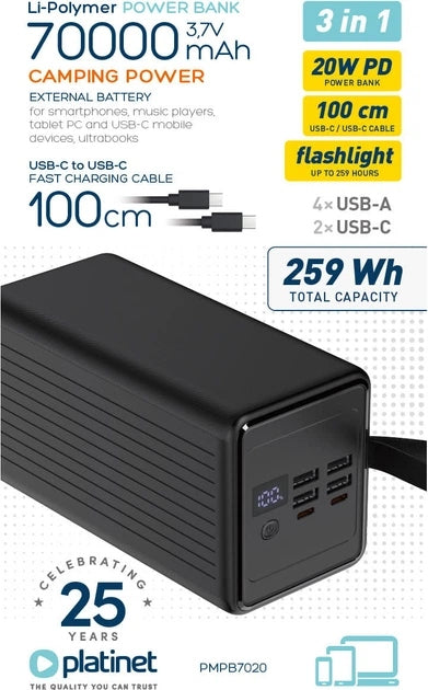 PLATINET POWER BANK LI-PO 70.000mAh 20W PD + CABLE USB-C 1M + LINTERNA PMPB7020