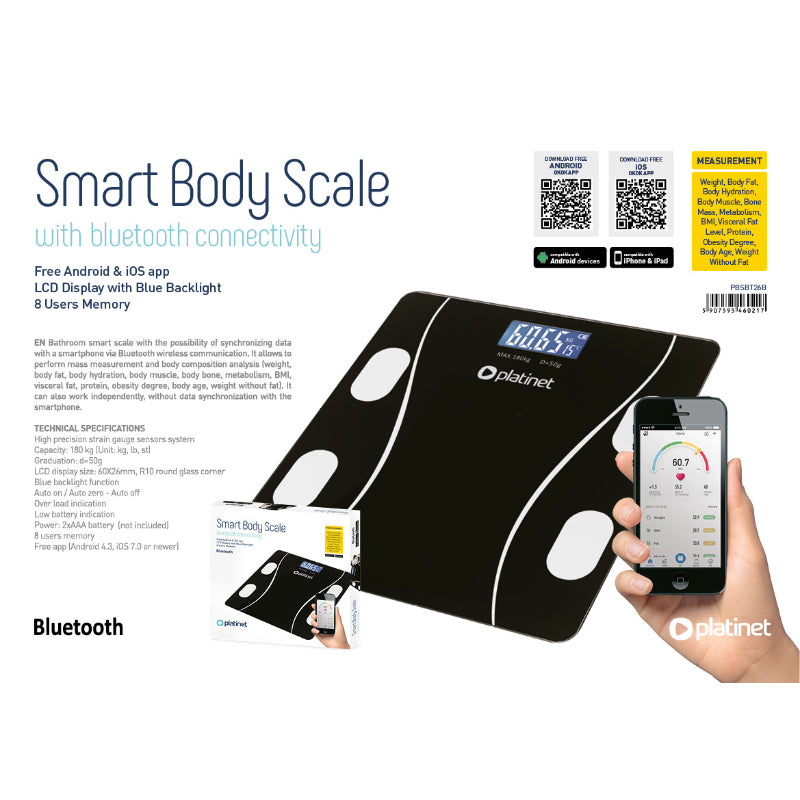 PLATINET BASCULA DE BAÑO DIGITAL CON BLUETOOH 180 KG NEGRO PBSBT26B