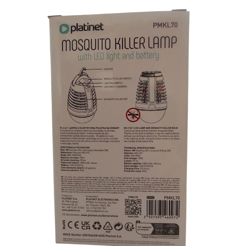 PLATINET LAMPARA ANTIMOSQUITOS CON LUZ LED BATERIA 1800mAh BLANCO/GRIS PMKL70