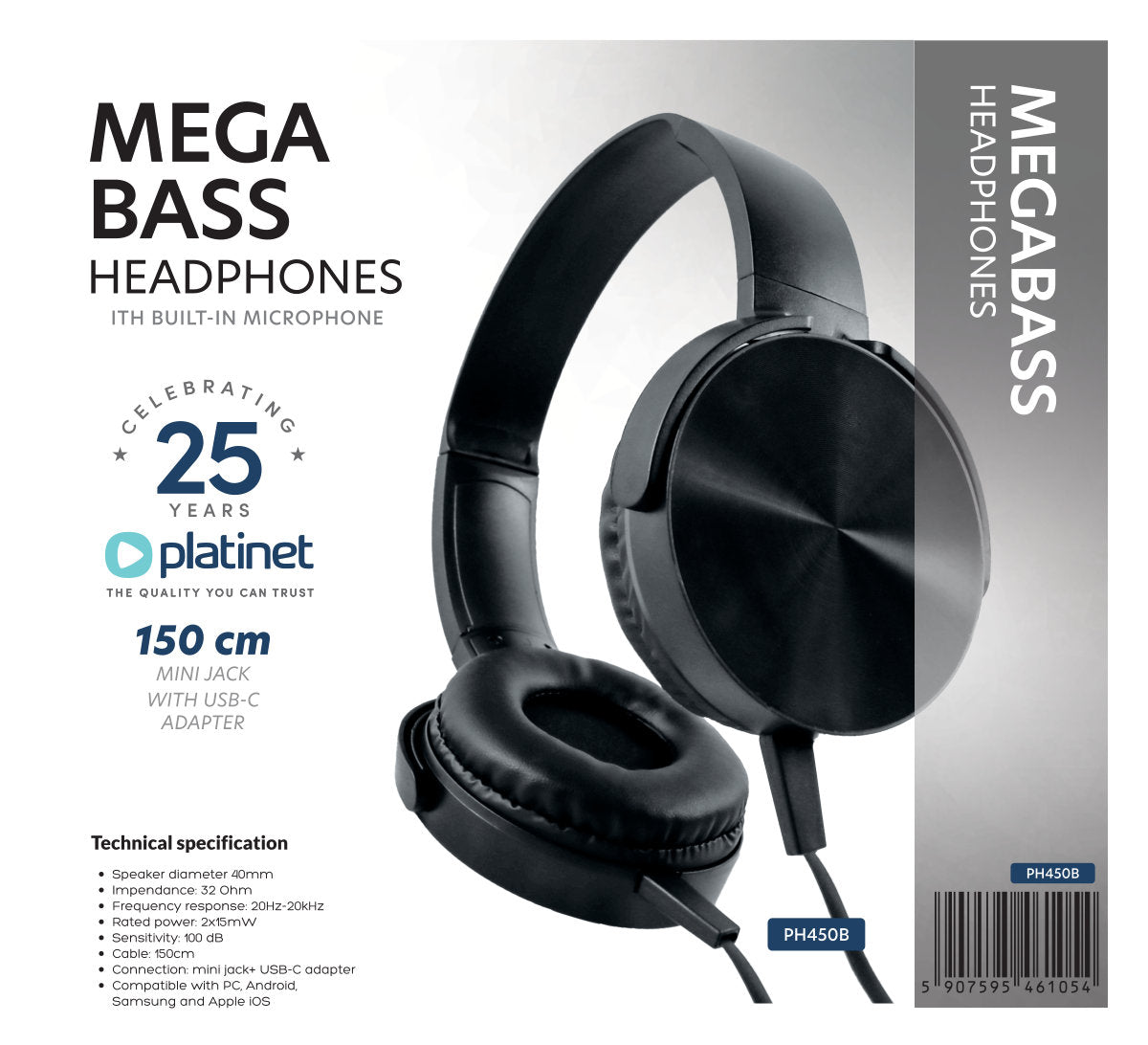 PLATINET AURICULARES DIADEMA MICROFONO JACK + ADAPTADOR TYPE-C PH450B NEGRO