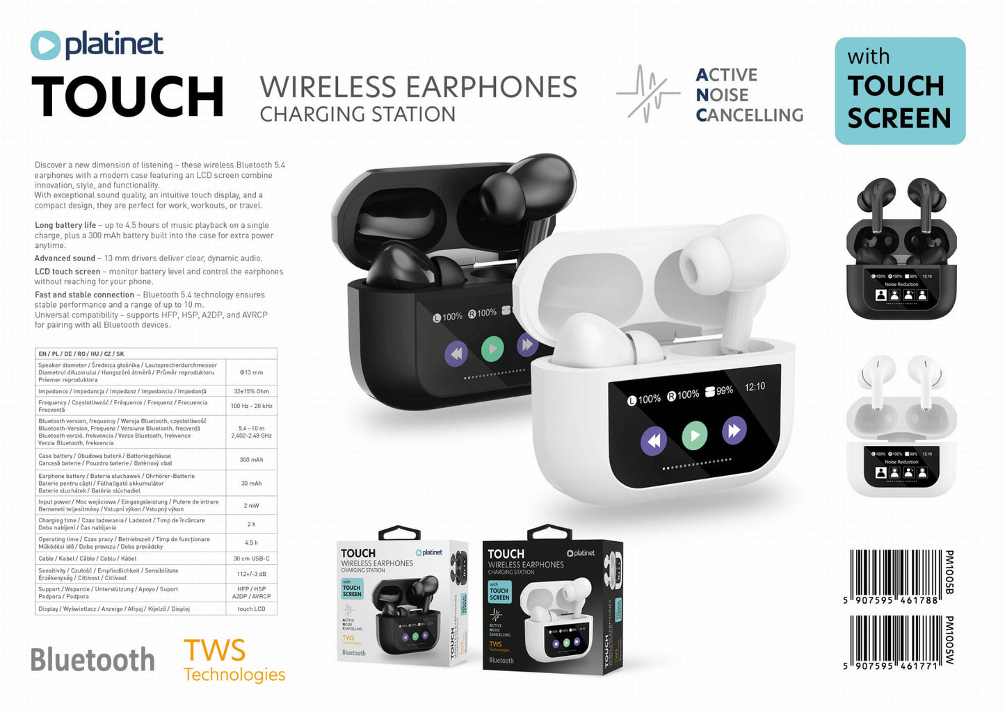 PLATINET AURICULARES TWS BLUETOOTH 5.4 PANTALLLA TACTIL REMOTO 300mAh NEGRO PM1005B