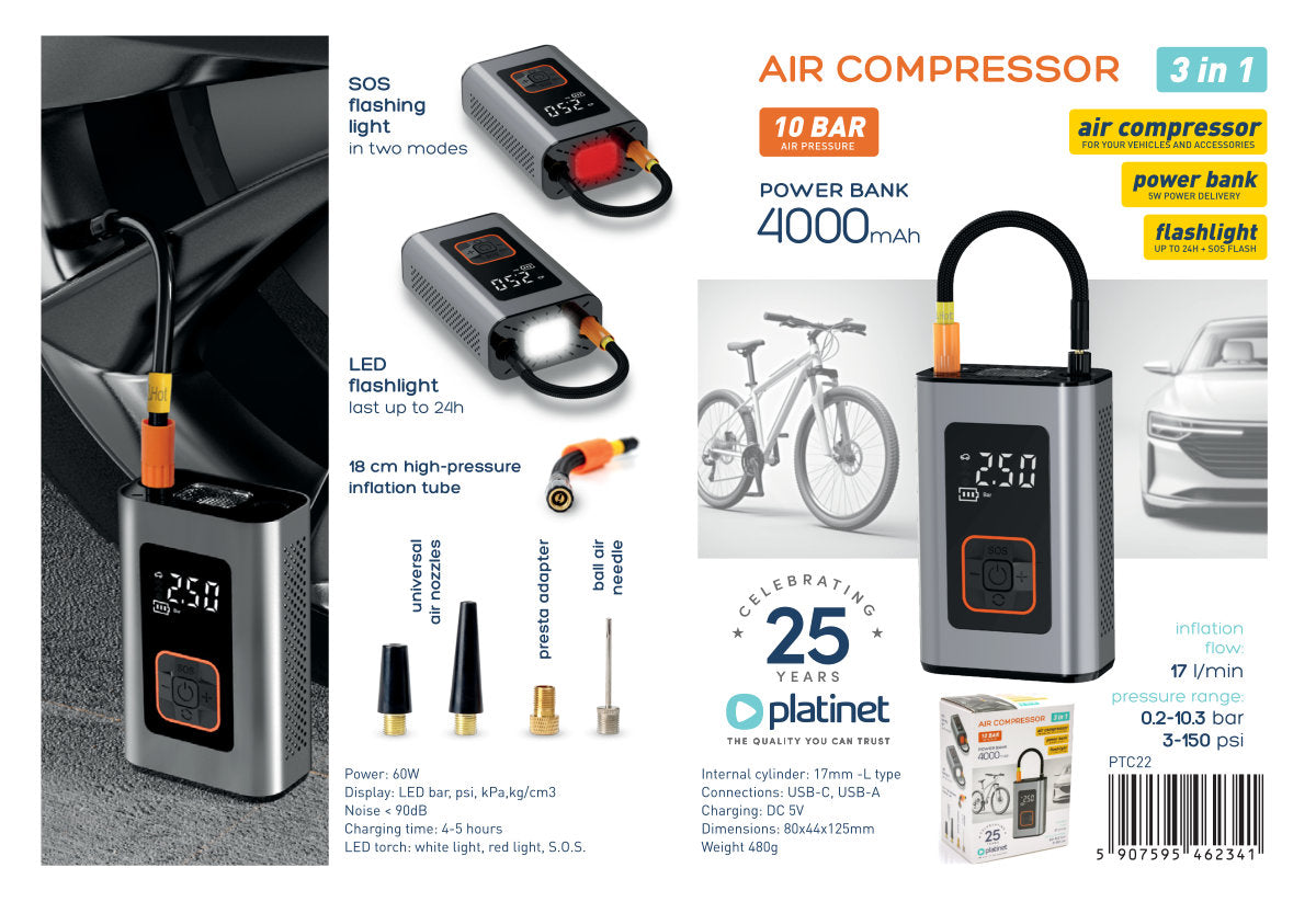 PLATINET 3 EN 1 COMPRESOR DE AIRE 10BAR + POWERBANK 4.000mAh + LINTERNA PTC22