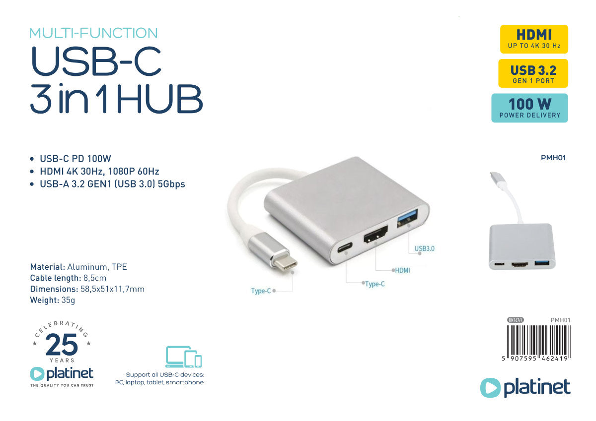 PLATINET HUB USB-C 3.2 5GB/S 3en1 HDMI 4K USB-A 3.2 USB-C 100W
