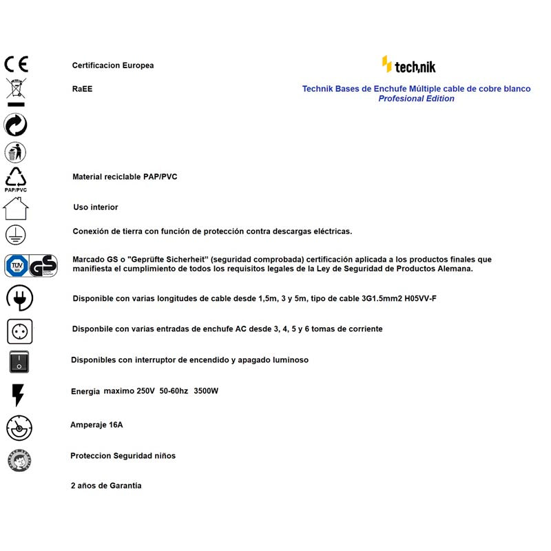TECHNIK REGLETA DE CORRIENTE 6 ENCHUFES 3,0M 16A BLANCO