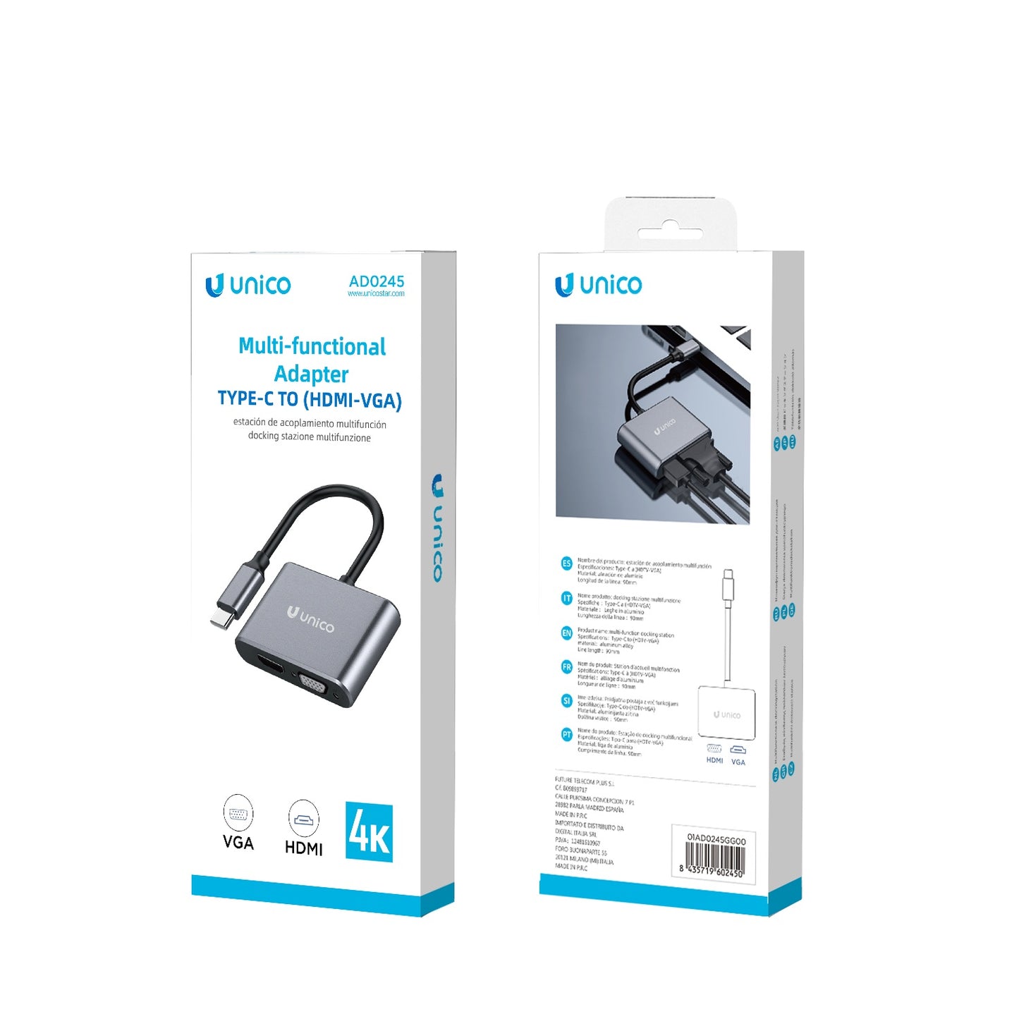 UNICO AD0245 ADAPTADOR ALUMINIO TIPO-C A HDMI Y VGA GRIS