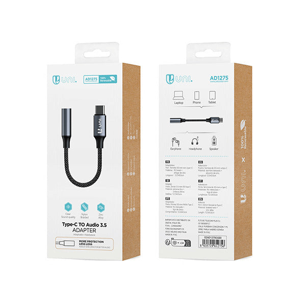 UNICO AD1275 ADAPTADOR AUDIO ALUMINIO NAYLON TIPO-C A JACK 3.5MM HEMBRA 12.5CM GRIS