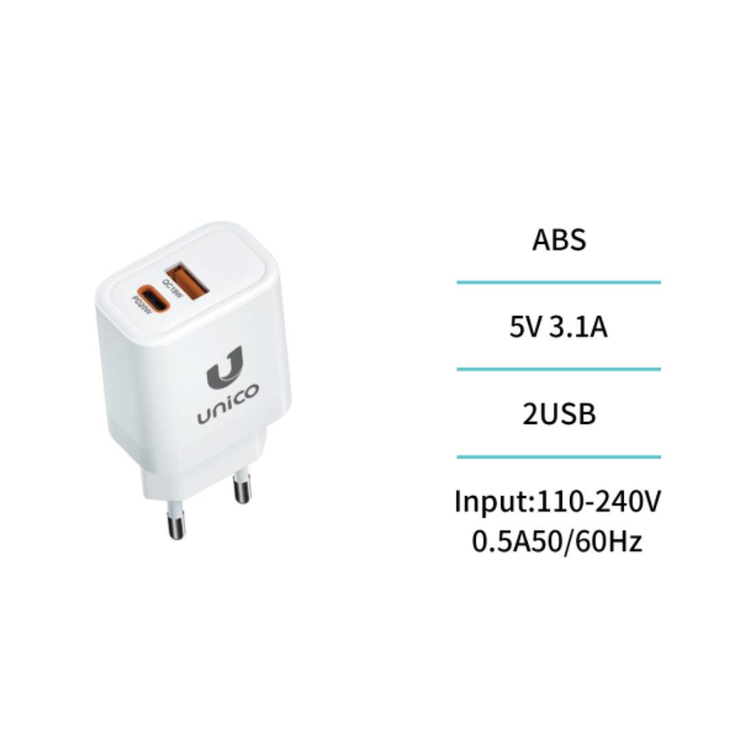 UNICO HC1687 CARGADOR DUAL 1 USB A + 1 TIPO-C PD3.0 20W BLANCO