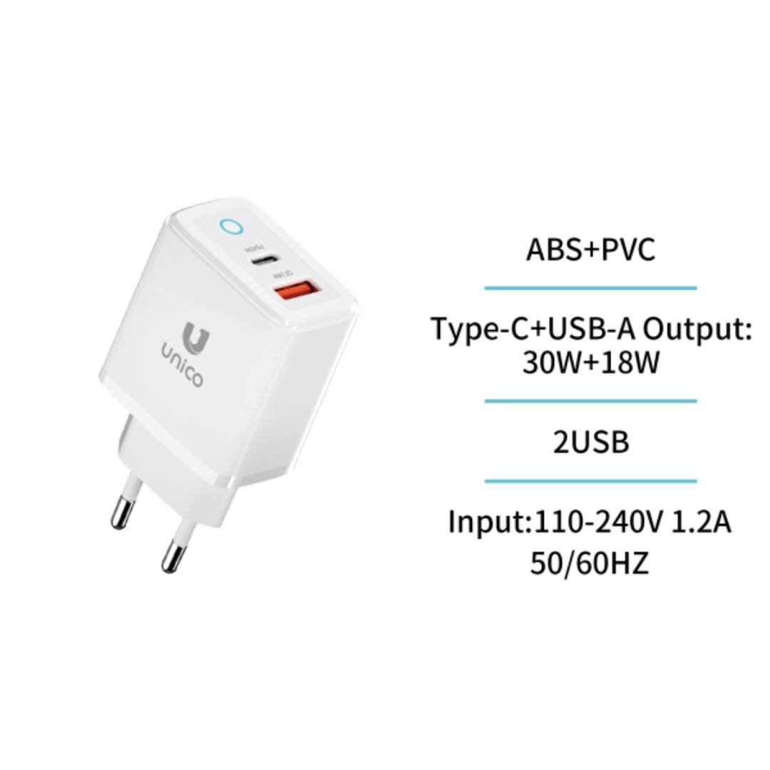 UNICO HC1694 CARGADOR DUAL 1 USB A + 1 TIPO-C PD3.0 45W CARGA RÁPIDA BLANCO
