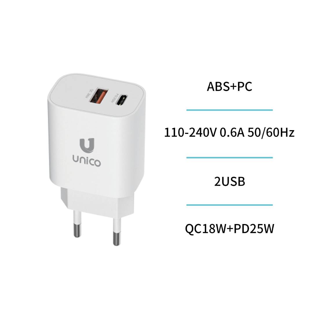 UNICO HC1700 CARGADOR DUAL 1 USB A + 1 TIPO-C PD25W QC18W CARGA RÁPIDA BLANCO