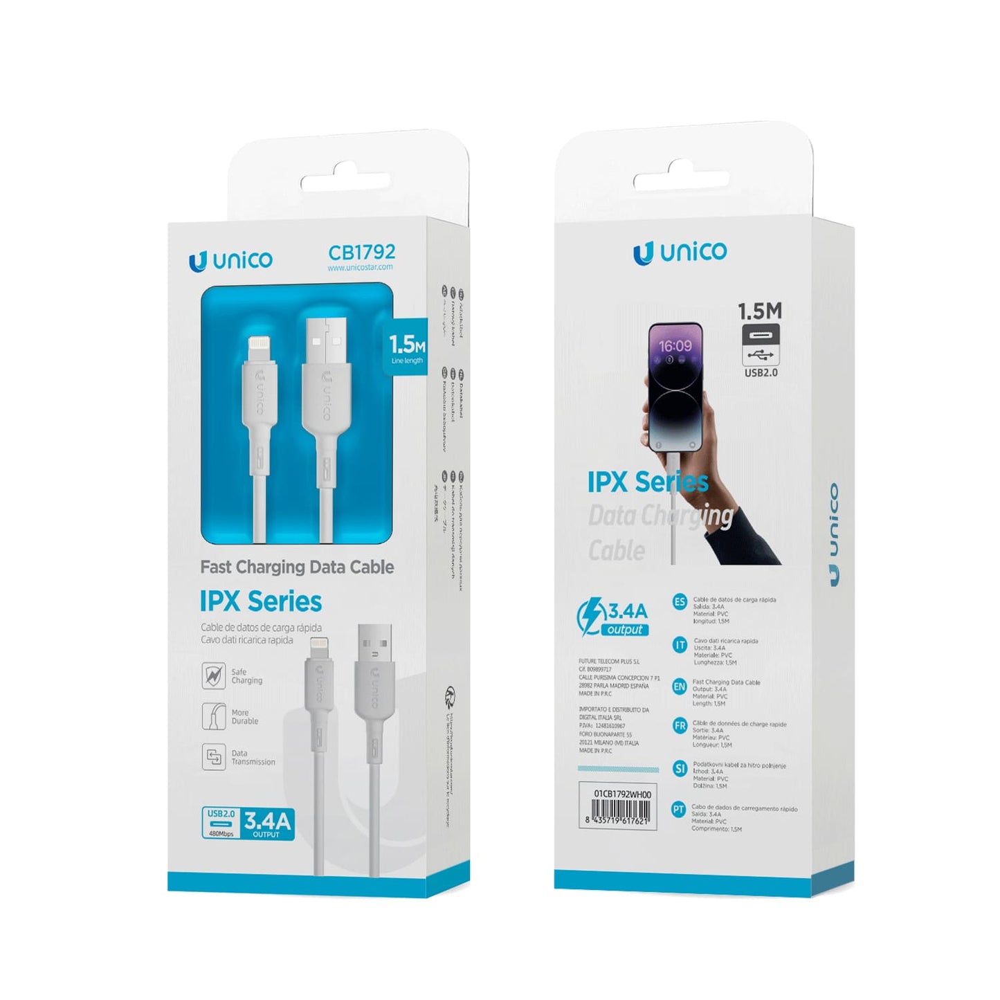 UNICO CB1792W CABLE USB A LIGHTNING 3.4A 1.5M BLANCO